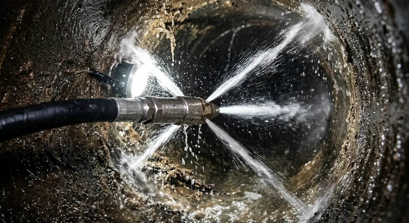 High-pressure hydro jetting nozzle cleaning sewer pipe for Emergency Drain Service in Boonton