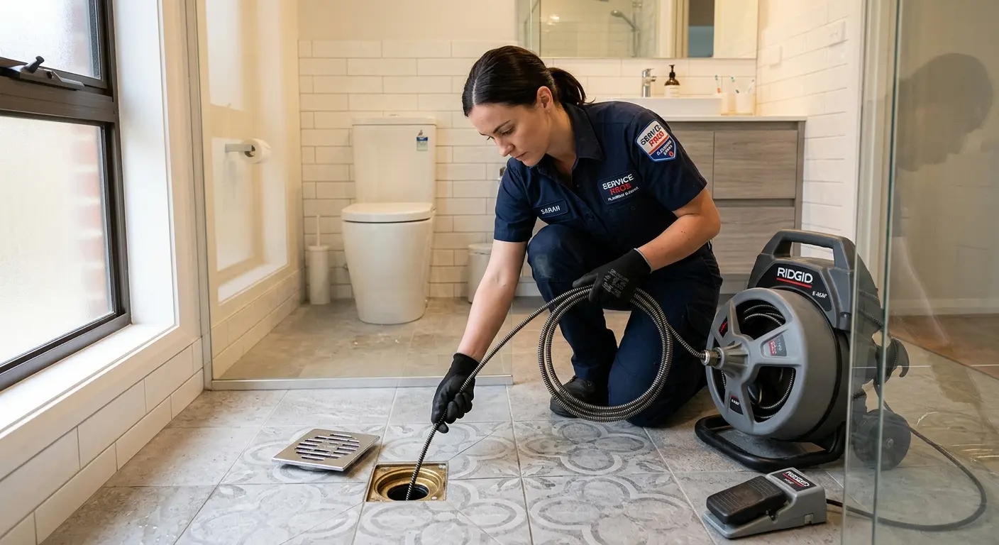 Technician clearing a bathroom floor drain for Drain Cleaning in Boonton